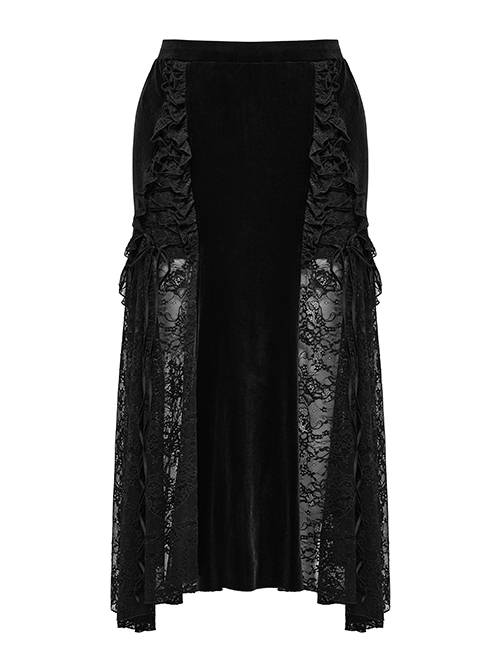 Sexy Black Velvet Spliced ​​Lace Ruffled Front Long Back Short Gothic Style Rope Skirt