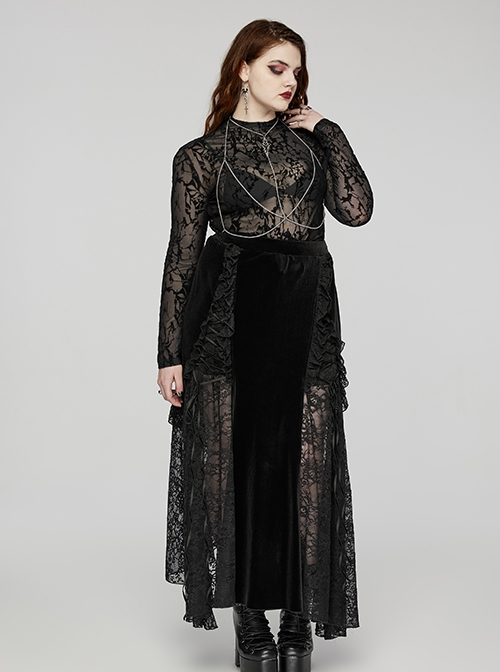 Sexy Black Velvet Spliced ​​Lace Ruffled Front Long Back Short Gothic Style Rope Skirt