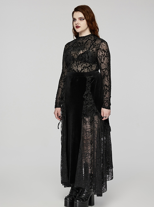 Sexy Black Velvet Spliced ​​Lace Ruffled Front Long Back Short Gothic Style Rope Skirt