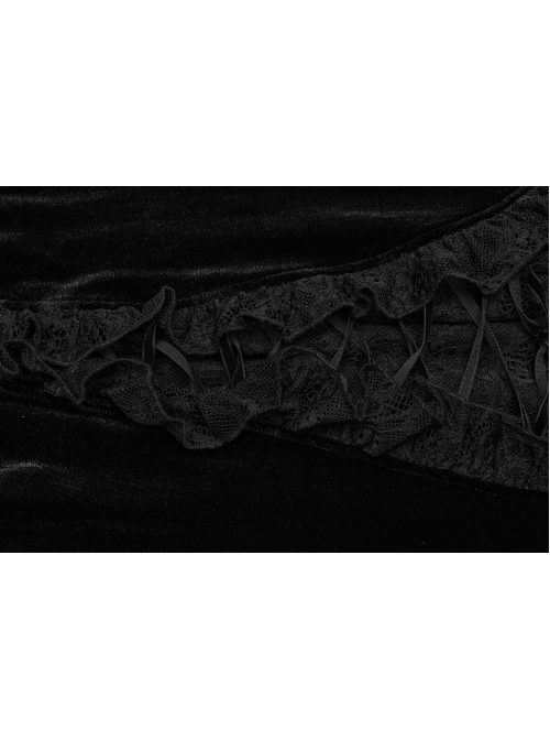 Sexy Black Velvet Spliced ​​Lace Ruffled Front Long Back Short Gothic Style Rope Skirt