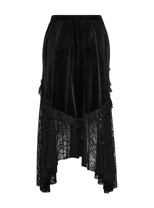 Sexy Black Velvet Spliced ​​Lace Ruffled Front Long Back Short Gothic Style Rope Skirt