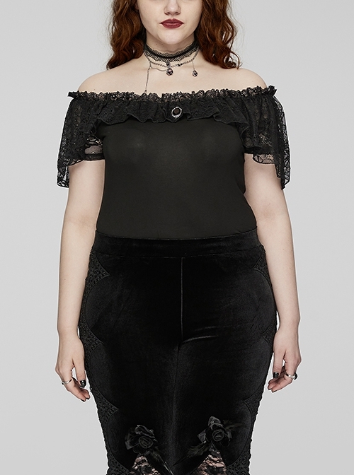 Black Stretch Knitted One Shoulder Collar With Ruffles And A Pendant On The Chest Gothic Style Simple T-Shirt