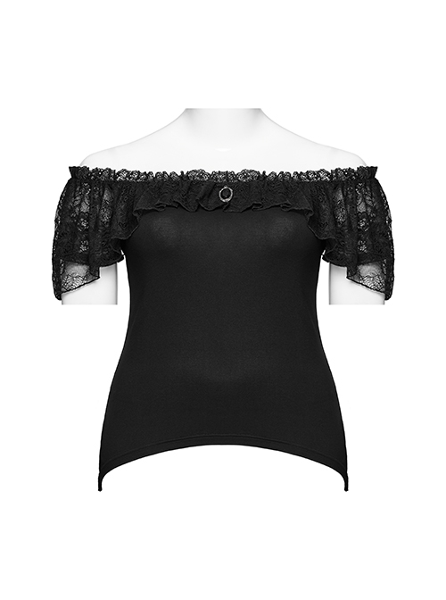 Black Stretch Knitted One Shoulder Collar With Ruffles And A Pendant On The Chest Gothic Style Simple T-Shirt