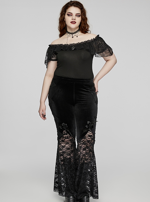 Black Stretch Knitted One Shoulder Collar With Ruffles And A Pendant On The Chest Gothic Style Simple T-Shirt