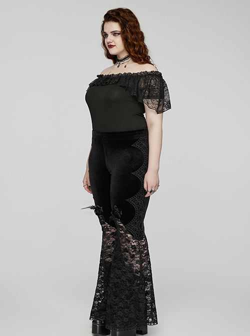 Black Stretch Knitted One Shoulder Collar With Ruffles And A Pendant On The Chest Gothic Style Simple T-Shirt