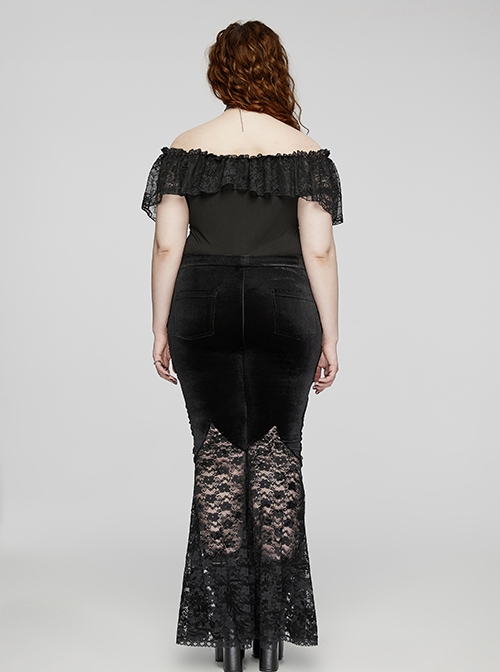 Black Stretch Knitted One Shoulder Collar With Ruffles And A Pendant On The Chest Gothic Style Simple T-Shirt