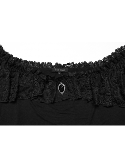 Black Stretch Knitted One Shoulder Collar With Ruffles And A Pendant On The Chest Gothic Style Simple T-Shirt