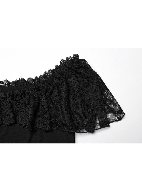 Black Stretch Knitted One Shoulder Collar With Ruffles And A Pendant On The Chest Gothic Style Simple T-Shirt