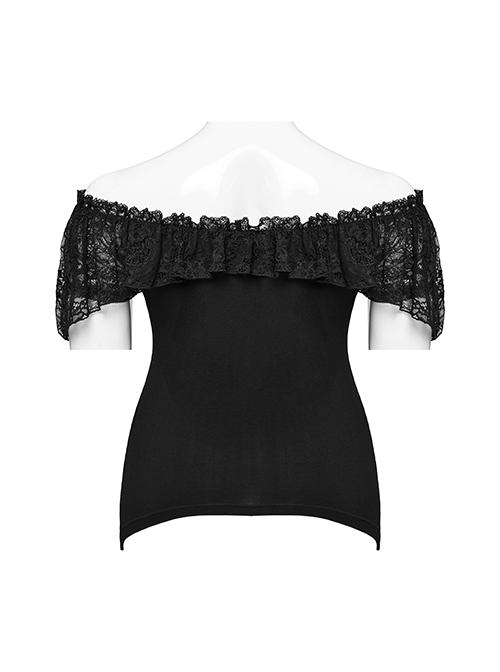 Black Stretch Knitted One Shoulder Collar With Ruffles And A Pendant On The Chest Gothic Style Simple T-Shirt