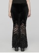 Sexy Black Stretch Velvet With Lace Front Feather Flower Decoration Gothic Style Flared Pants