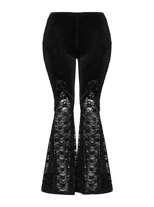 Sexy Black Stretch Velvet With Lace Front Feather Flower Decoration Gothic Style Flared Pants