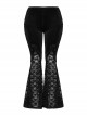 Sexy Black Stretch Velvet With Lace Front Feather Flower Decoration Gothic Style Flared Pants