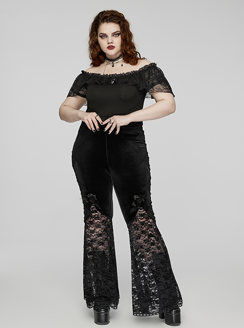 Sexy Black Stretch Velvet With Lace Front Feather Flower Decoration Gothic Style Flared Pants