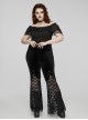 Sexy Black Stretch Velvet With Lace Front Feather Flower Decoration Gothic Style Flared Pants