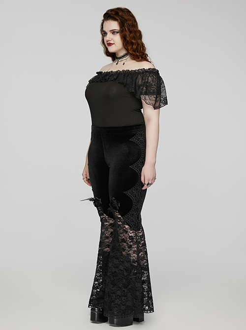 Sexy Black Stretch Velvet With Lace Front Feather Flower Decoration Gothic Style Flared Pants