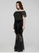Sexy Black Stretch Velvet With Lace Front Feather Flower Decoration Gothic Style Flared Pants