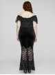 Sexy Black Stretch Velvet With Lace Front Feather Flower Decoration Gothic Style Flared Pants