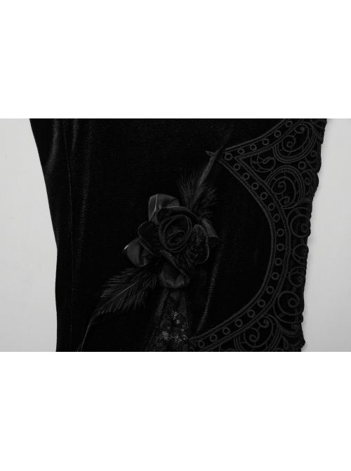 Sexy Black Stretch Velvet With Lace Front Feather Flower Decoration Gothic Style Flared Pants