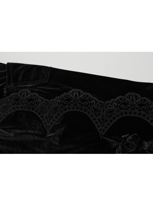 Sexy Black Stretch Velvet With Lace Front Feather Flower Decoration Gothic Style Flared Pants