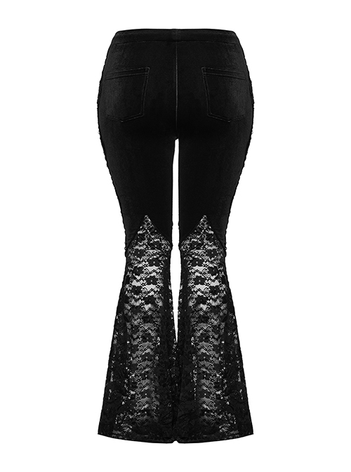 Sexy Black Stretch Velvet With Lace Front Feather Flower Decoration Gothic Style Flared Pants