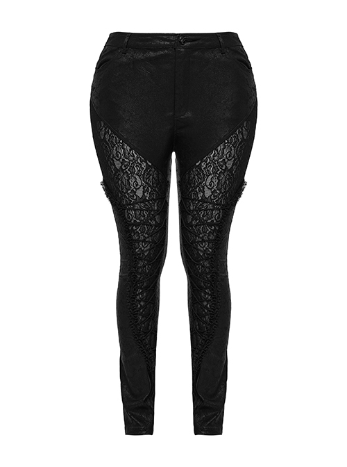 Black Stretch Woven Patchwork Lace Print Front Slant Pocket Gothic Style Trousers