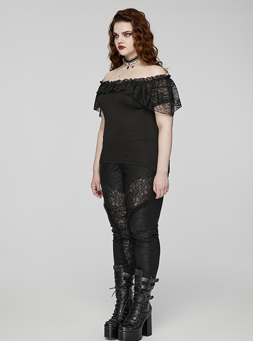 Black Stretch Woven Patchwork Lace Print Front Slant Pocket Gothic Style Trousers