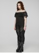 Black Stretch Woven Patchwork Lace Print Front Slant Pocket Gothic Style Trousers