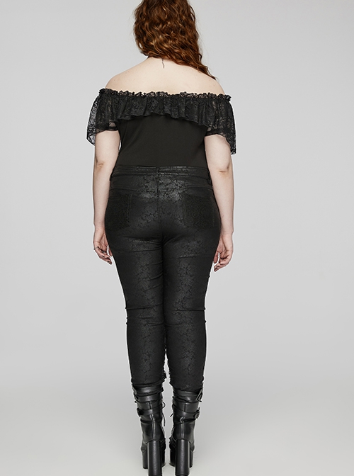 Black Stretch Woven Patchwork Lace Print Front Slant Pocket Gothic Style Trousers