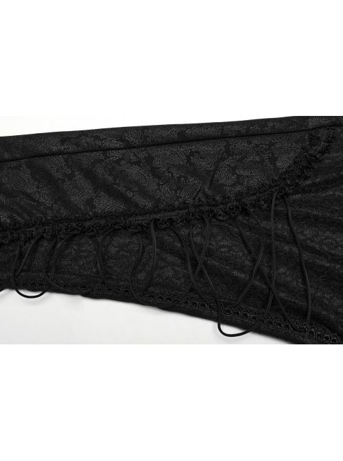 Black Stretch Woven Patchwork Lace Print Front Slant Pocket Gothic Style Trousers