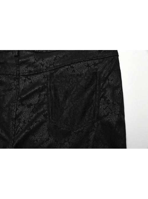 Black Stretch Woven Patchwork Lace Print Front Slant Pocket Gothic Style Trousers