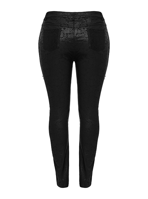 Black Stretch Woven Patchwork Lace Print Front Slant Pocket Gothic Style Trousers