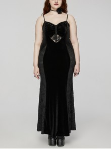 Sexy Black Velvet Lace Fabric With Heart Pattern On The Chest And Fishtail Suspenders Gothic Style Adjustable Sleeveless Dress