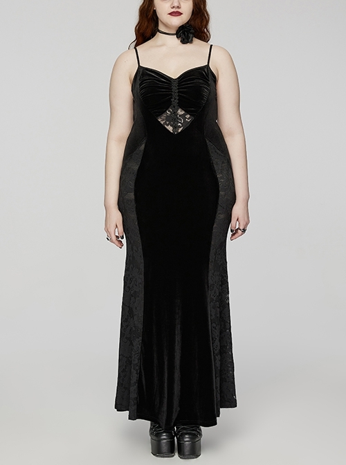 Sexy Black Velvet Lace Fabric With Heart Pattern On The Chest And Fishtail Suspenders Gothic Style Adjustable Sleeveless Dress
