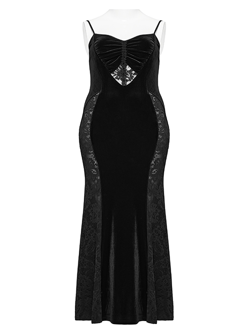 Sexy Black Velvet Lace Fabric With Heart Pattern On The Chest And Fishtail Suspenders Gothic Style Adjustable Sleeveless Dress