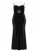 Sexy Black Velvet Lace Fabric With Heart Pattern On The Chest And Fishtail Suspenders Gothic Style Adjustable Sleeveless Dress