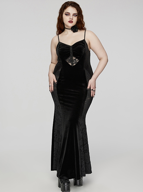 Sexy Black Velvet Lace Fabric With Heart Pattern On The Chest And Fishtail Suspenders Gothic Style Adjustable Sleeveless Dress