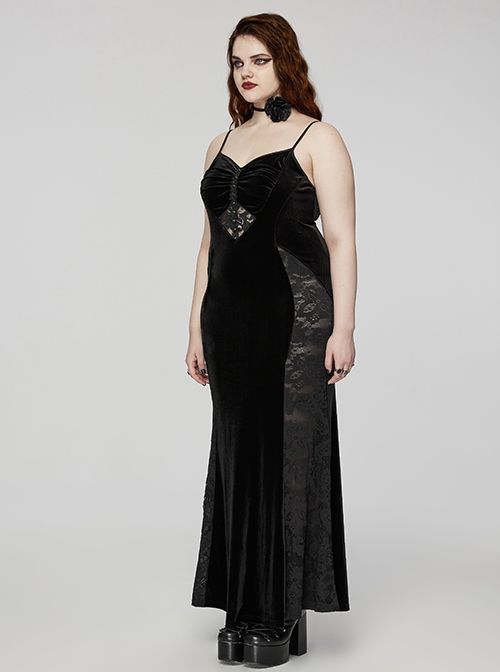 Sexy Black Velvet Lace Fabric With Heart Pattern On The Chest And Fishtail Suspenders Gothic Style Adjustable Sleeveless Dress