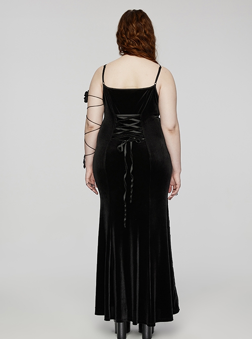 Sexy Black Velvet Lace Fabric With Heart Pattern On The Chest And Fishtail Suspenders Gothic Style Adjustable Sleeveless Dress