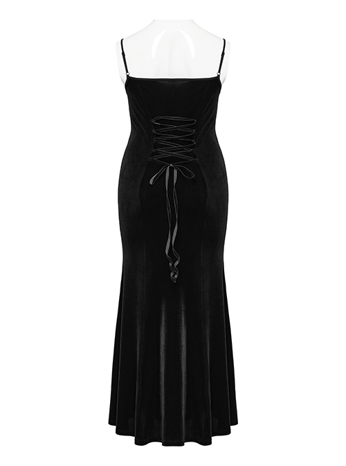 Sexy Black Velvet Lace Fabric With Heart Pattern On The Chest And Fishtail Suspenders Gothic Style Adjustable Sleeveless Dress