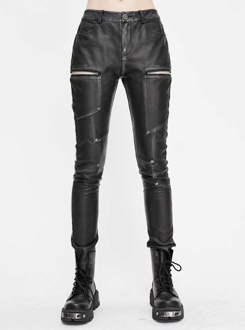 Block-Shaped Patchwork Cross-Shaped Nail Hand-Rubbed Gray Punk Leather Pants