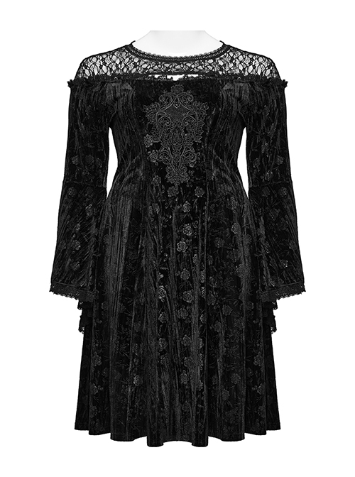 Black Lace Mesh Patchwork Velvet Rose Embossed Chest Embroidery Patch With Flared Sleeves Gothic Style Long Sleeved Dress