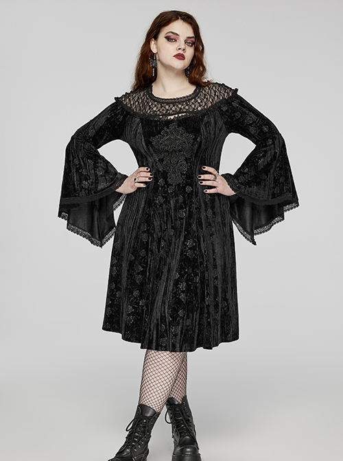 Black Lace Mesh Patchwork Velvet Rose Embossed Chest Embroidery Patch With Flared Sleeves Gothic Style Long Sleeved Dress