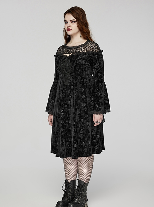 Black Lace Mesh Patchwork Velvet Rose Embossed Chest Embroidery Patch With Flared Sleeves Gothic Style Long Sleeved Dress