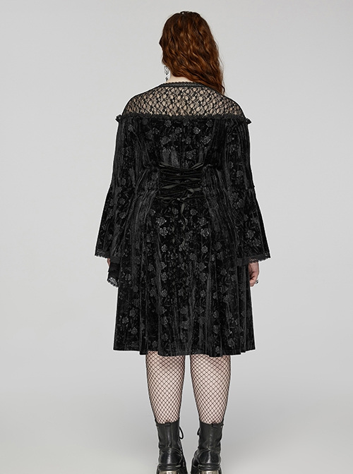 Black Lace Mesh Patchwork Velvet Rose Embossed Chest Embroidery Patch With Flared Sleeves Gothic Style Long Sleeved Dress