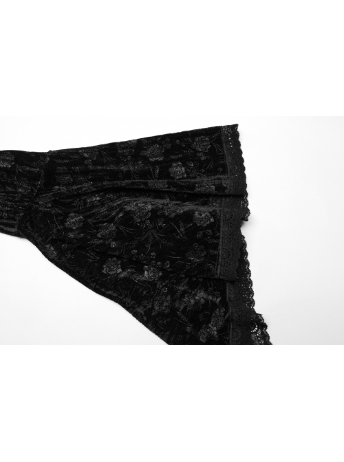 Black Lace Mesh Patchwork Velvet Rose Embossed Chest Embroidery Patch With Flared Sleeves Gothic Style Long Sleeved Dress