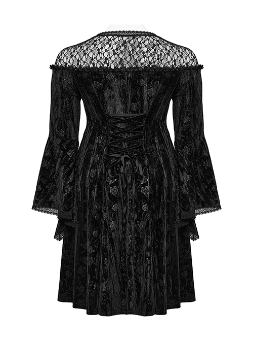 Black Lace Mesh Patchwork Velvet Rose Embossed Chest Embroidery Patch With Flared Sleeves Gothic Style Long Sleeved Dress