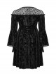 Black Lace Mesh Patchwork Velvet Rose Embossed Chest Embroidery Patch With Flared Sleeves Gothic Style Long Sleeved Dress