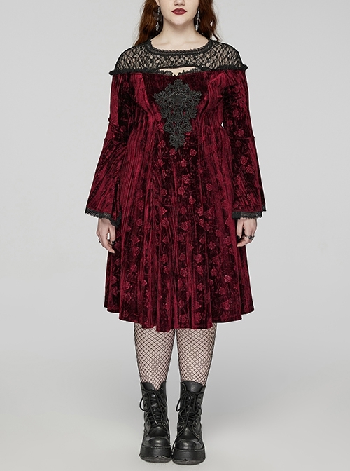 Black Red Lace Mesh Patchwork Velvet Rose Embossed Chest Embroidery Patch With Flared Sleeves Gothic Style Long Sleeved Dress