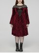 Black Red Lace Mesh Patchwork Velvet Rose Embossed Chest Embroidery Patch With Flared Sleeves Gothic Style Long Sleeved Dress