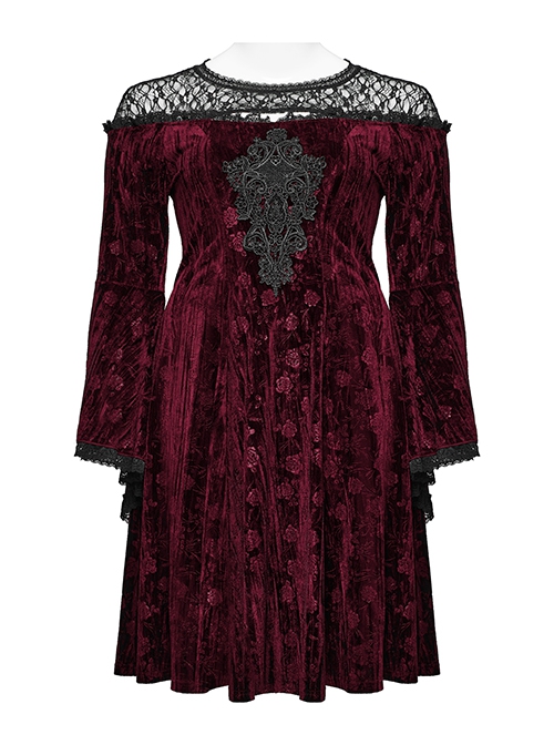 Black Red Lace Mesh Patchwork Velvet Rose Embossed Chest Embroidery Patch With Flared Sleeves Gothic Style Long Sleeved Dress